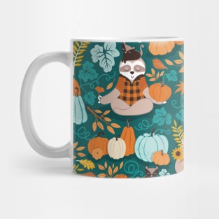 Sloths in pumpkin mood // pattern // green background orange teal and aqua autumnal pumpkins fall leaves shepherd’s check yellow sunflowers Mug